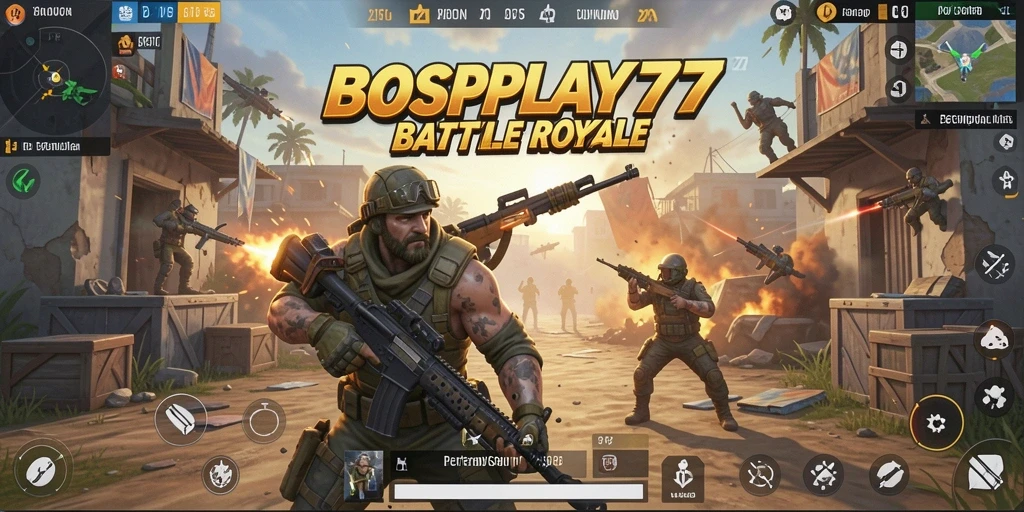 Screenshot gameplay BOSPLAY77 yang menampilkan intensitas pertempuran di arena Battle Royale.
