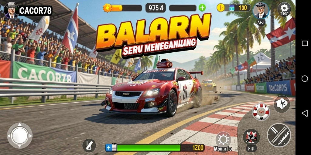 Tampilan gameplay menegangkan dari CACOR78 dengan mobil balap cepat.