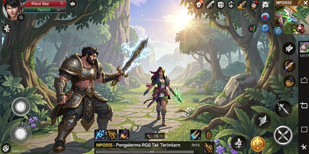 Screenshot MPO555 menunjukkan pertempuran seru dalam dunia RPG yang luas.