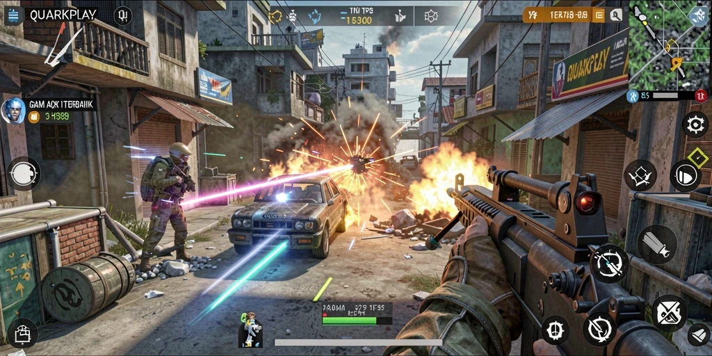 Screenshot gameplay QUARKPLAY menampilkan aksi pertempuran yang seru dan mendebarkan.