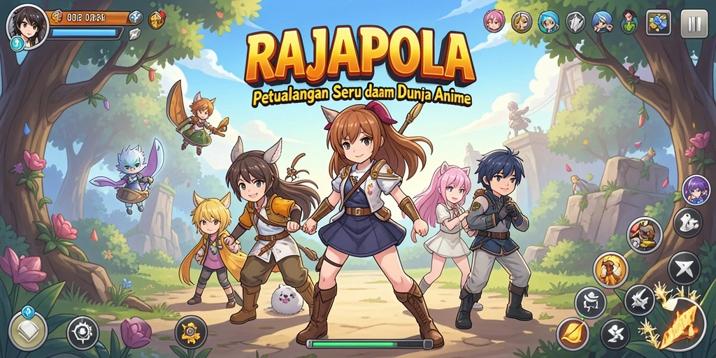 Tampilan gameplay RAJAPOLA yang mengasyikkan dengan karakter anime.