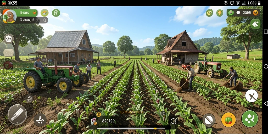 Tangkapan layar gameplay RK55 yang menampilkan aktivitas pertanian yang seru.