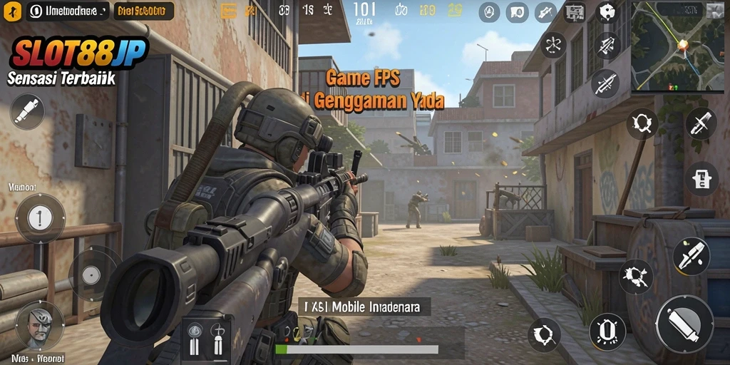 Screenshot menunjukkan aksi intens dalam game FPS SLOT88JP.
