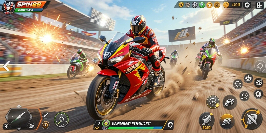Tampilan utama SPIN88 menampilkan aksi balapan motor yang menegangkan.