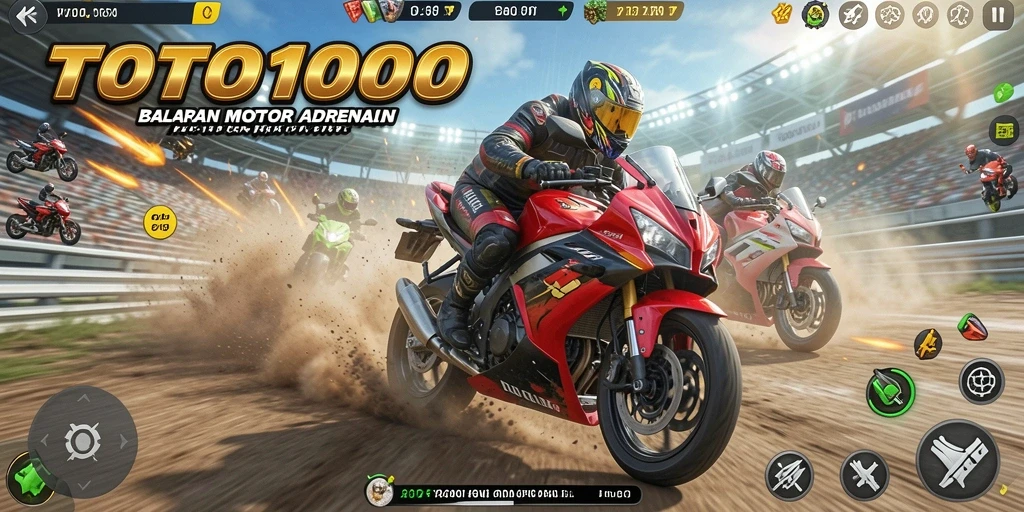 Tampilan utama gameplay TOTO1000 yang penuh aksi balapan motor.