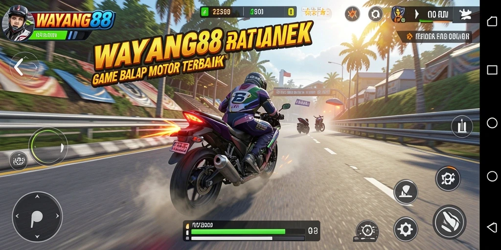 Screenshot gameplay WAYANG88 menampilkan aksi balap motor yang seru.